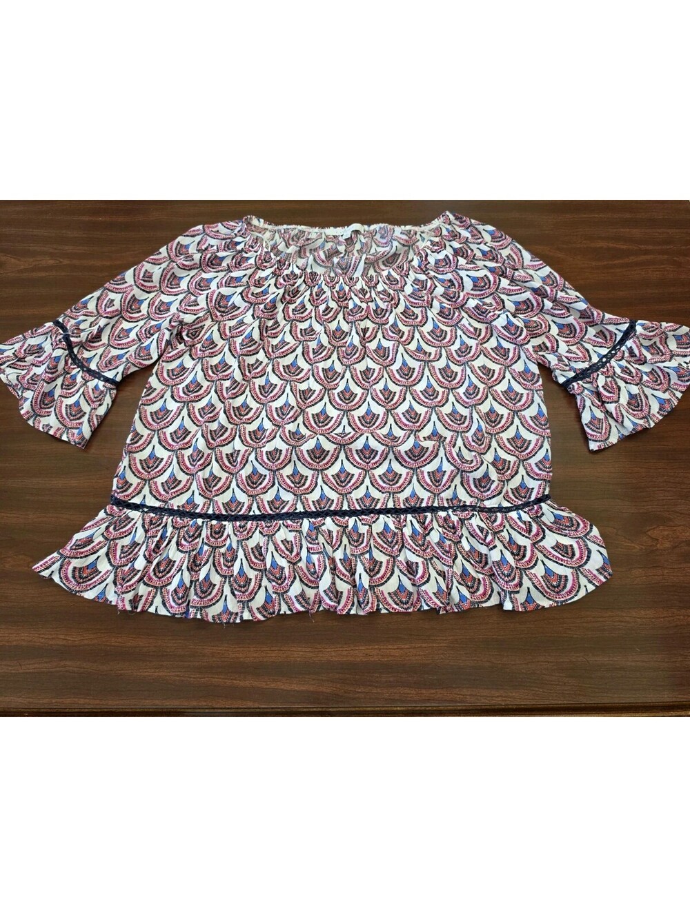 Fever Boho Top Womens Large Geometric Print Ruffle Bell Sleeve Peasant Blouse